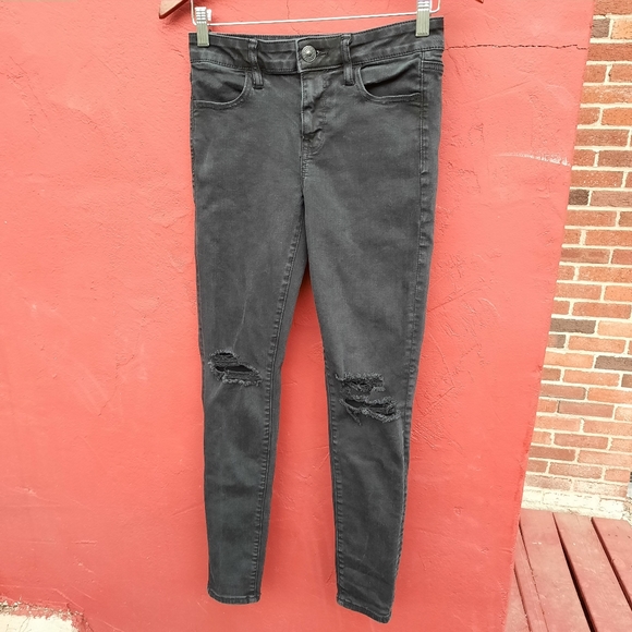 AEO American Eagle Hi Rise Jegging Distressed Knees Skinny Jeans Faded Black - Picture 3 of 9